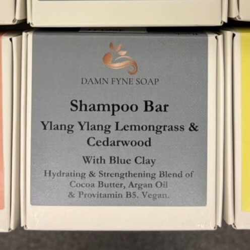 Solid shampoo bar made in Scotland with an exotic blend of Ylang Ylang, Lemongrass & Cedarwood – gentle, sustainable, and aromatic.