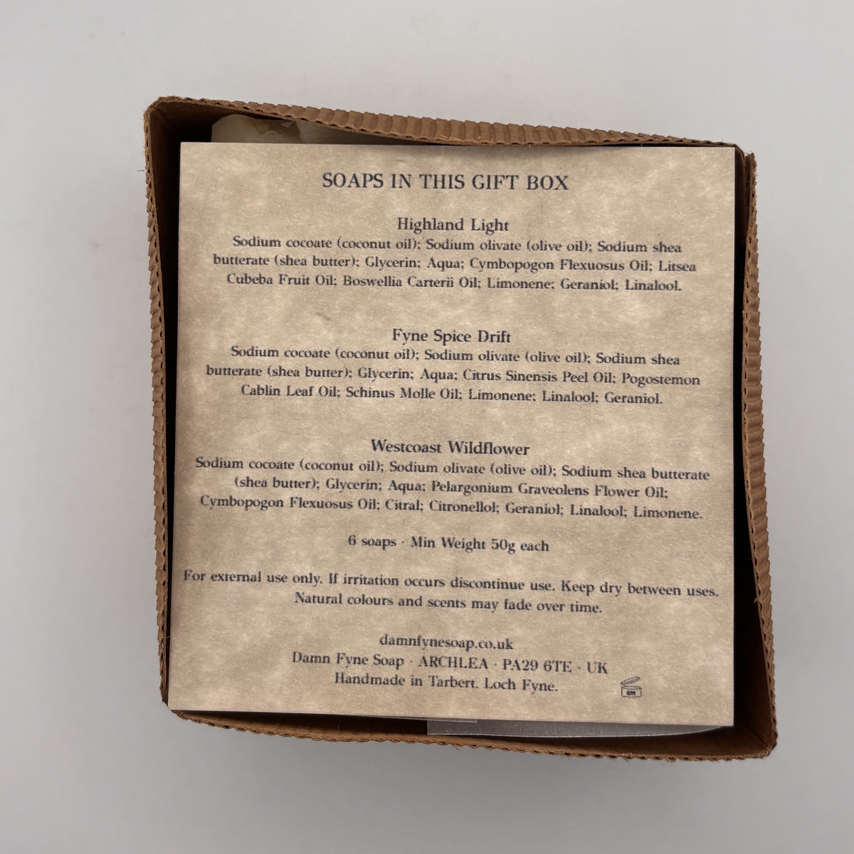 Ingredient information card included with Damn Fyne Soap six soap gift box