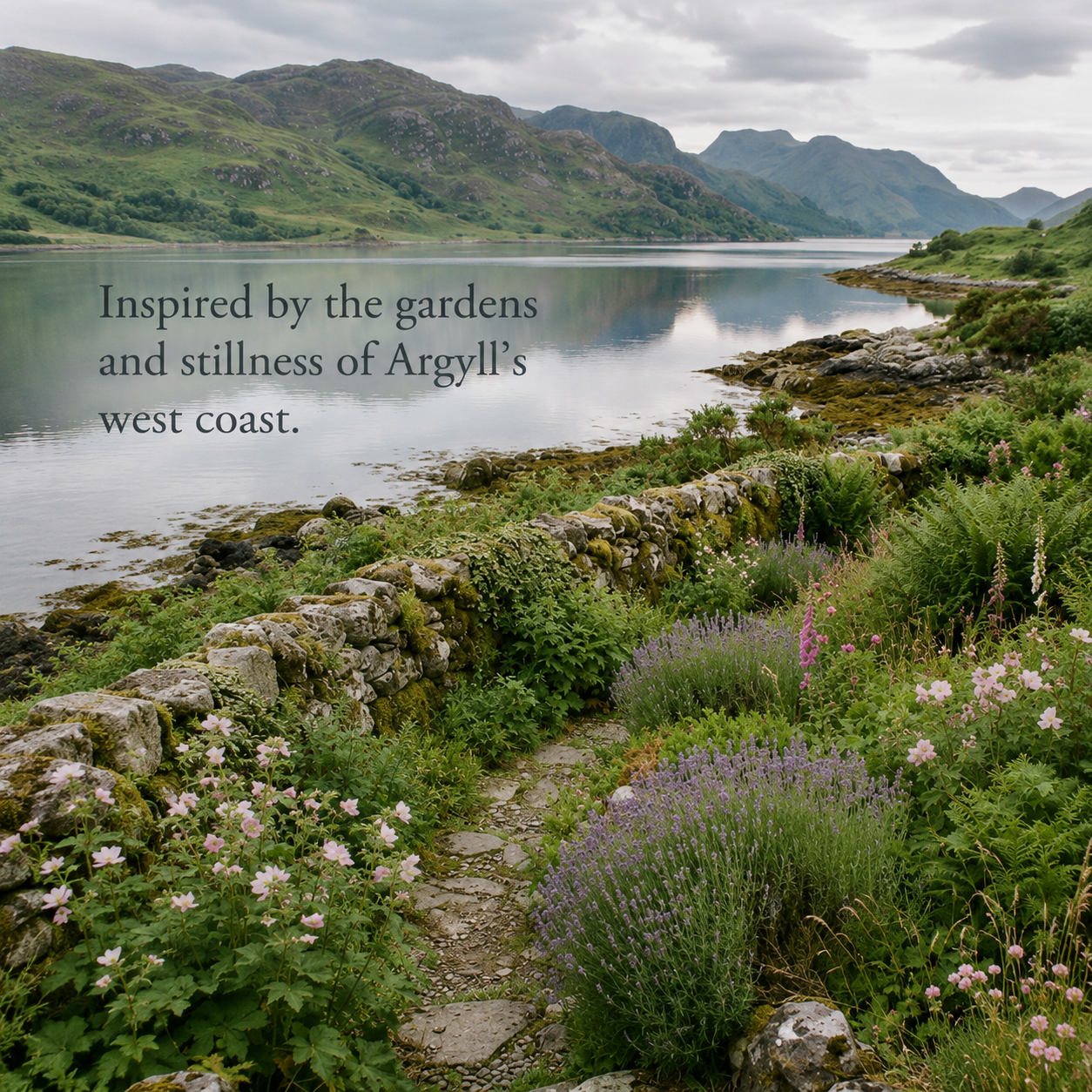A scenic landscape photograph of a quiet lochside path lined with green plants and pink flowers, with mountains and calm water in the background. Overlaid text reads: 'Inspired by the gardens and stillness of Argyll's west coast.