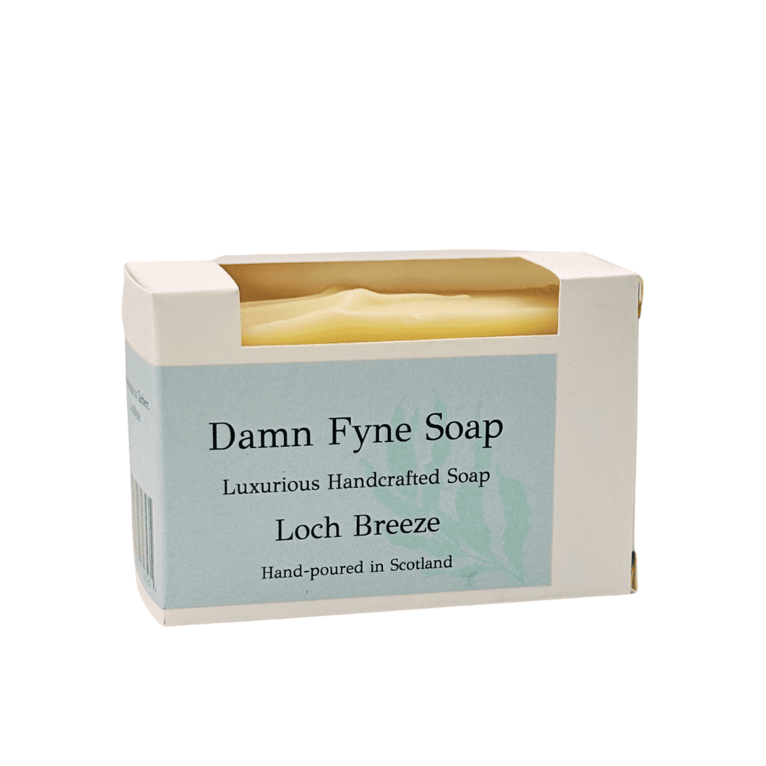 Loch Breeze handmade soap bar in biodegradable kraft packaging with a soft blue label. Label reads “Damn Fyne Soap – Luxurious Handcrafted Soap – Loch Breeze – Hand-poured in Scotland.” Pale-toned soap visible above the box, photographed on a neutral background.
