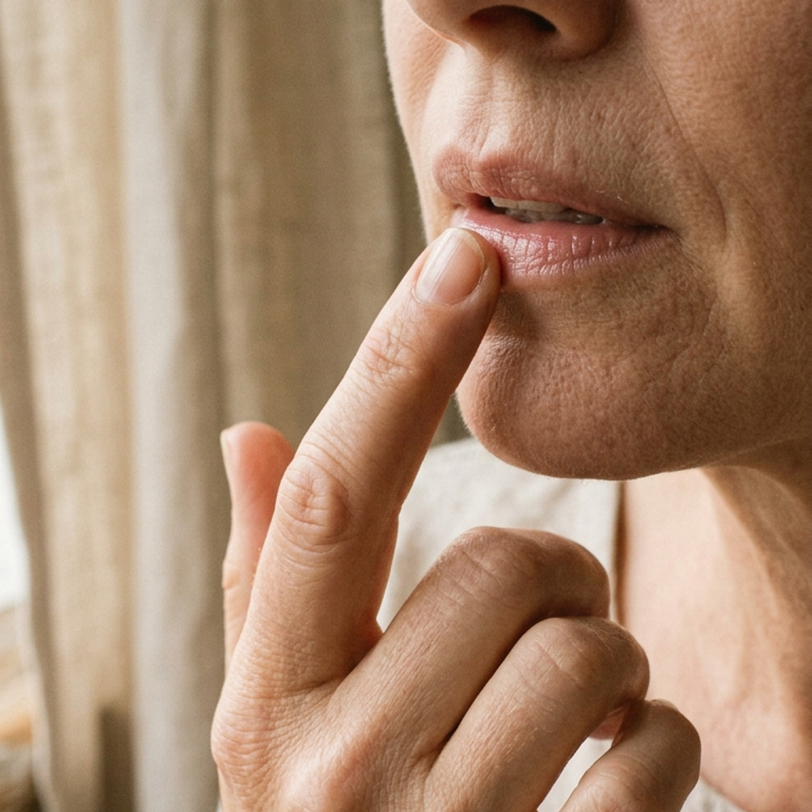 Close-up of a person touching their lower lip with their index finger, with a soft-focus indoor background featuring beige curtains.