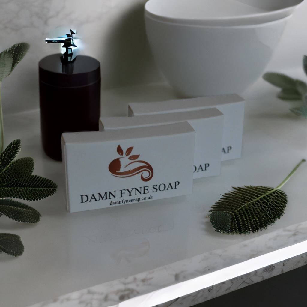 Guest soap handcrafted in Argyll, Scotland – eco-friendly, plant-based, infused with Patchouli, Mandarin, and Lime essential oils.