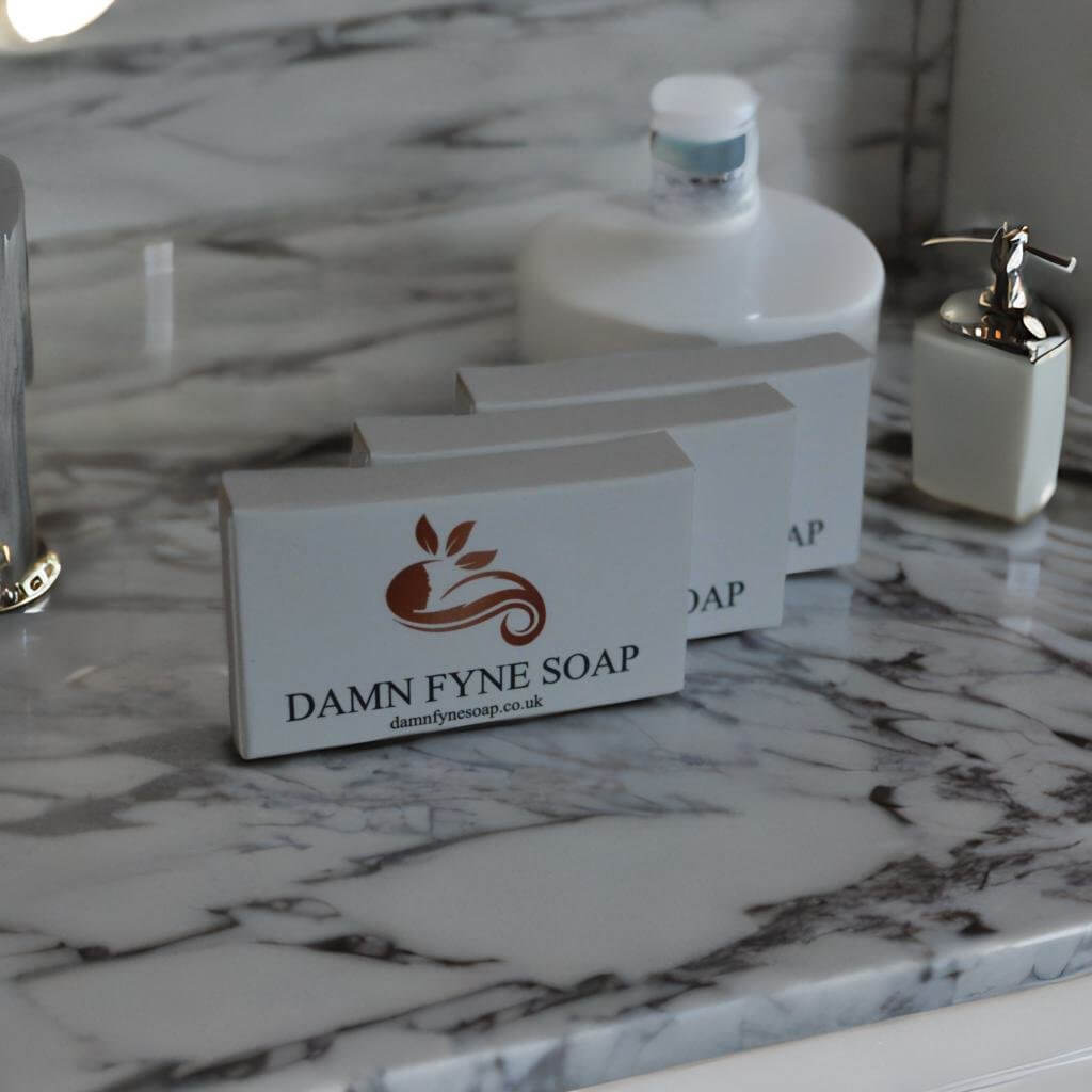 Guest soap handcrafted in Argyll, Scotland – eco-friendly, plant-based, infused with Patchouli, Mandarin, and Lime essential oils.