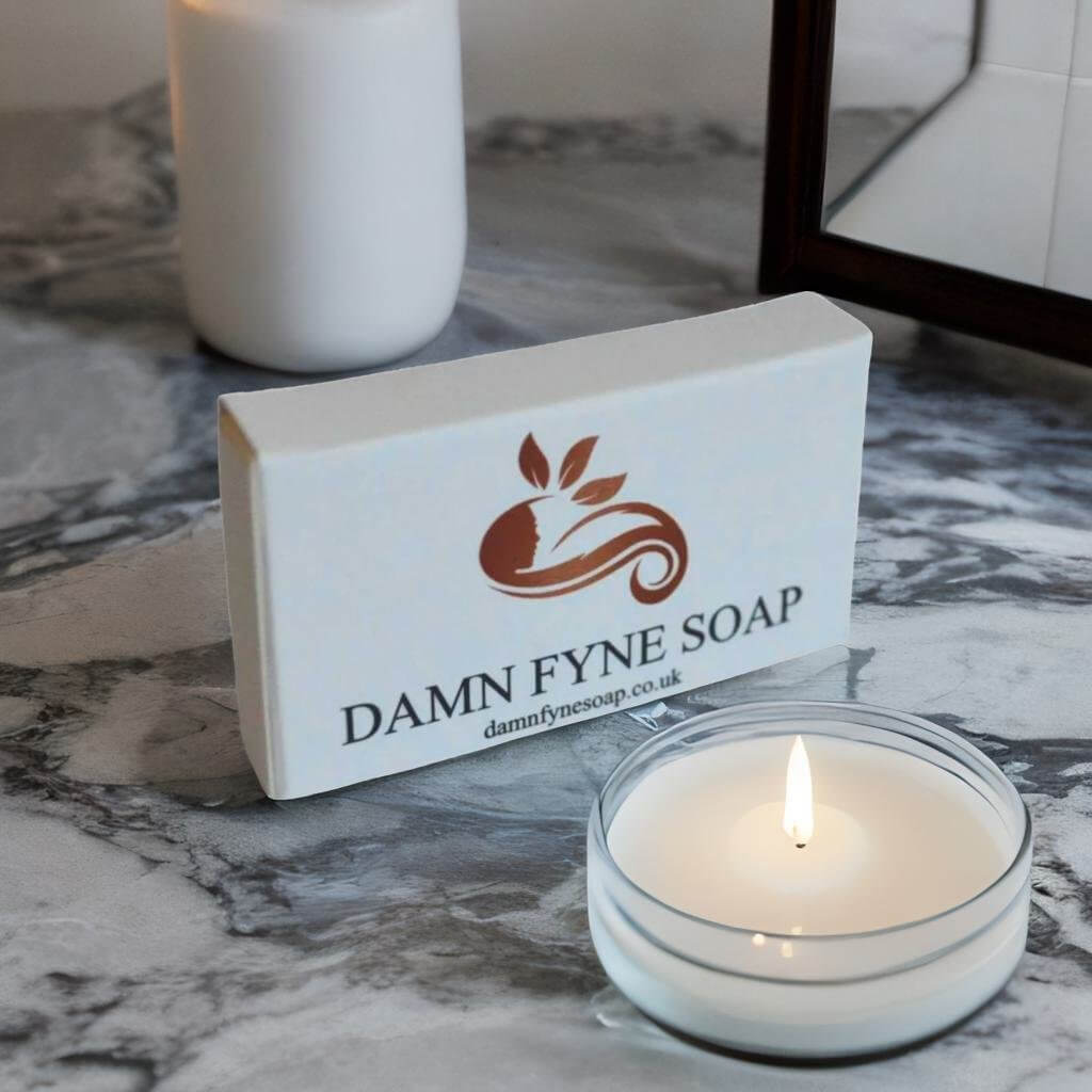 Guest soap handcrafted in Argyll, Scotland – eco-friendly, plant-based, infused with Patchouli, Mandarin, and Lime essential oils.