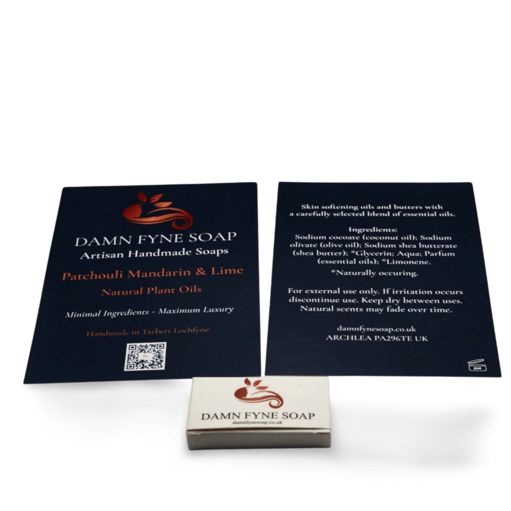 Guest soap handcrafted in Argyll, Scotland – eco-friendly, plant-based, infused with Patchouli, Mandarin, and Lime essential oils.