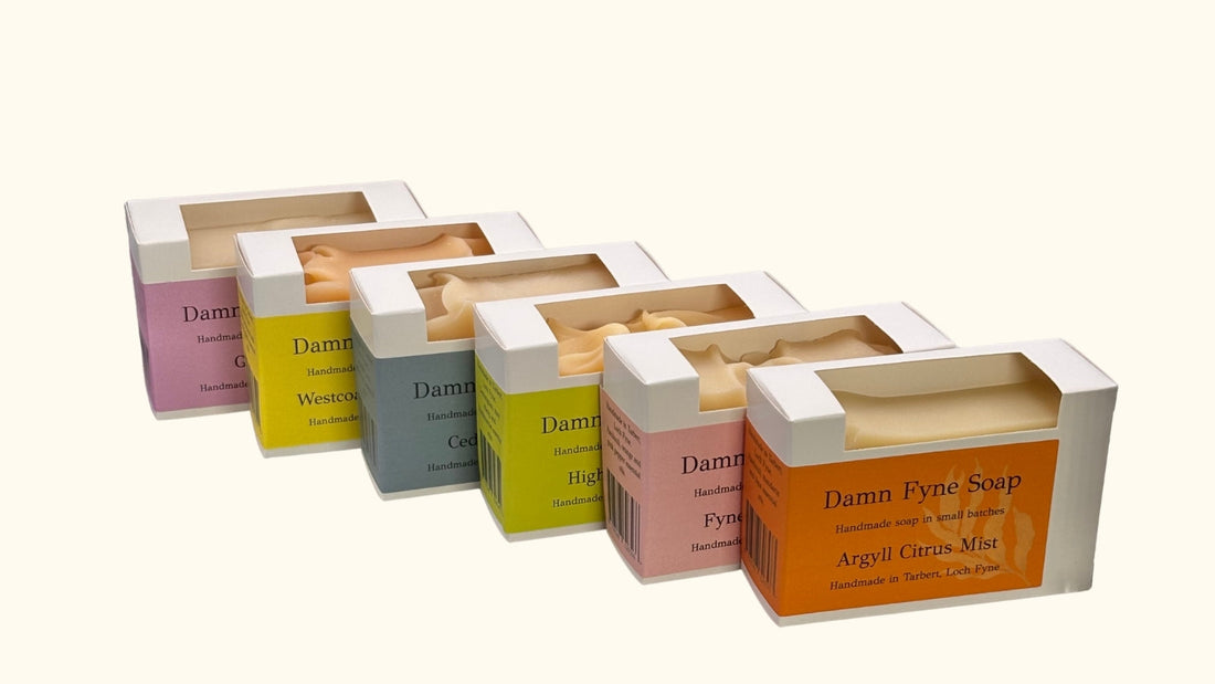 Six Damn Fyne Soap Signature soaps made with essential oil blends in Tarbert, Argyll.