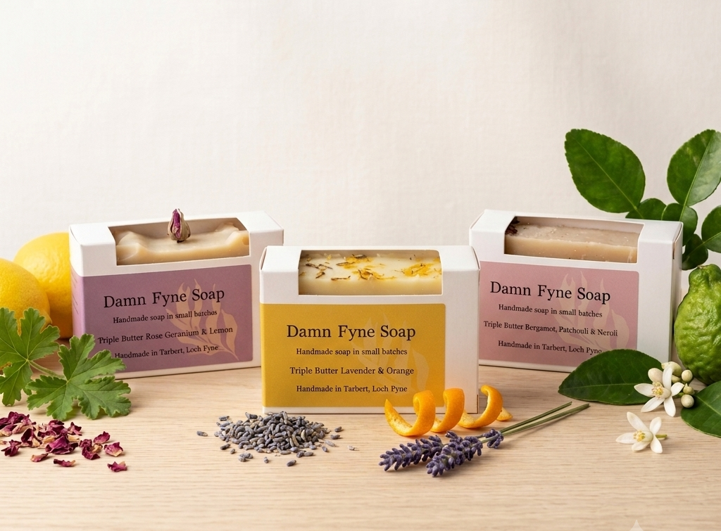 Selection of Triple Butter handmade soaps by Damn Fyne Soap, crafted in small batches in Tarbert, Argyll using plant oils, natural butters and essential oils.