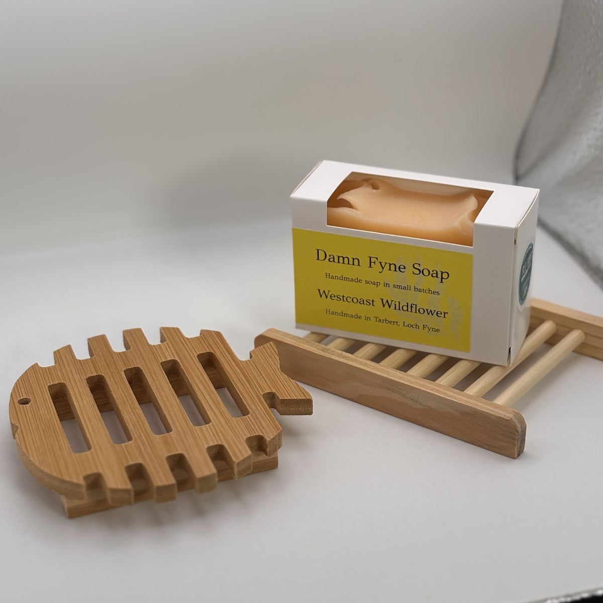 Natural wooden soap dishes with Damn Fyne Soap handmade soap