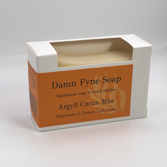 Argyll Citrus Mist handmade soap in its recyclable cardboard box, made in Tarbert, Argyll.