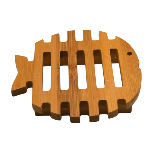 Natural fish-shaped Hemu wood soap dish with drainage slots for handmade soap.
