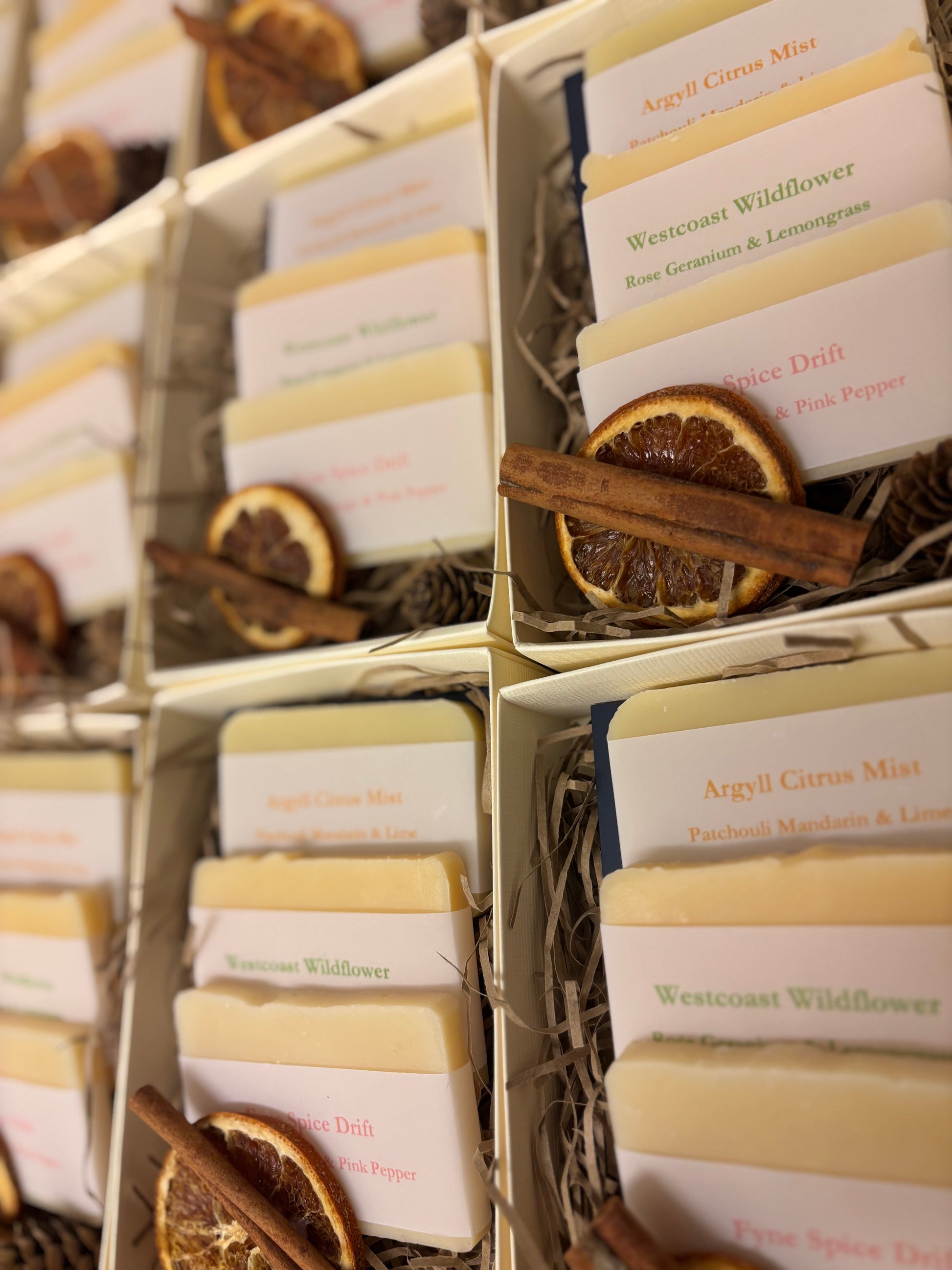 Festive Damn Fyne Soap gift box featuring three artisanal soap bars—Argyll Citrus Mist, Westcoast Wildflower, and Fyne Spice Drift—presented in a cream box with navy ribbon, dried orange slice, cinnamon stick, and pine cone.