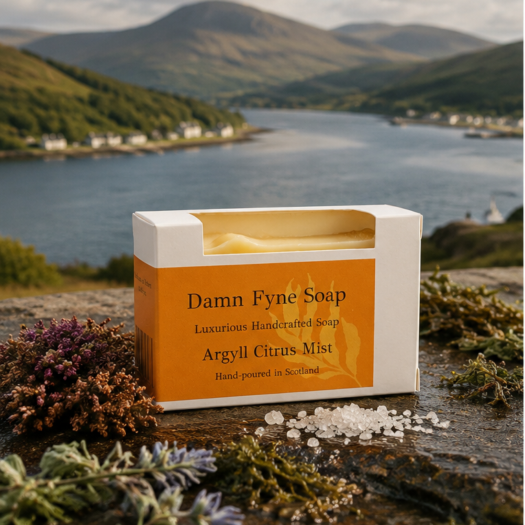 A boxed bar of soap labeled 'Damn Fyne Soap' sits on a stone surface outdoors, with a Scottish scenic mountain-and-water landscape in the background. The box is white with a large orange front panel, and decorative dried flowers and bath salts are placed around it.