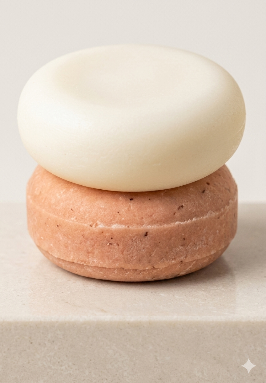 Handmade Bergamot, Patchouli & Neroli solid conditioner bar balanced on its matching shampoo bar. Cream conditioner bar above a pink shampoo bar on a stone surface, showcasing the plastic-free hair care range handmade in Argyll, Scotland.
