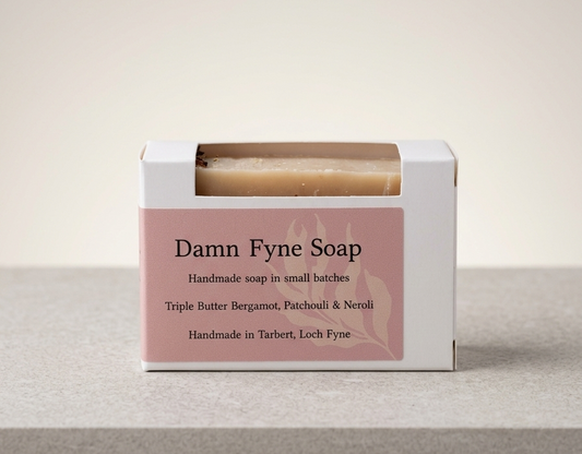 Triple Butter Bergamot, Patchouli & Neroli handmade soap in recyclable box, handcrafted in Tarbert, Argyll, Scotland.