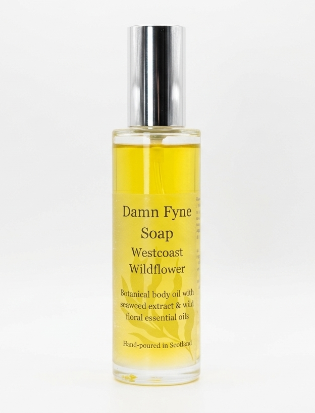 Westcoast Wildflower body oil handmade in Argyll with rose geranium and lemongrass essential oils.