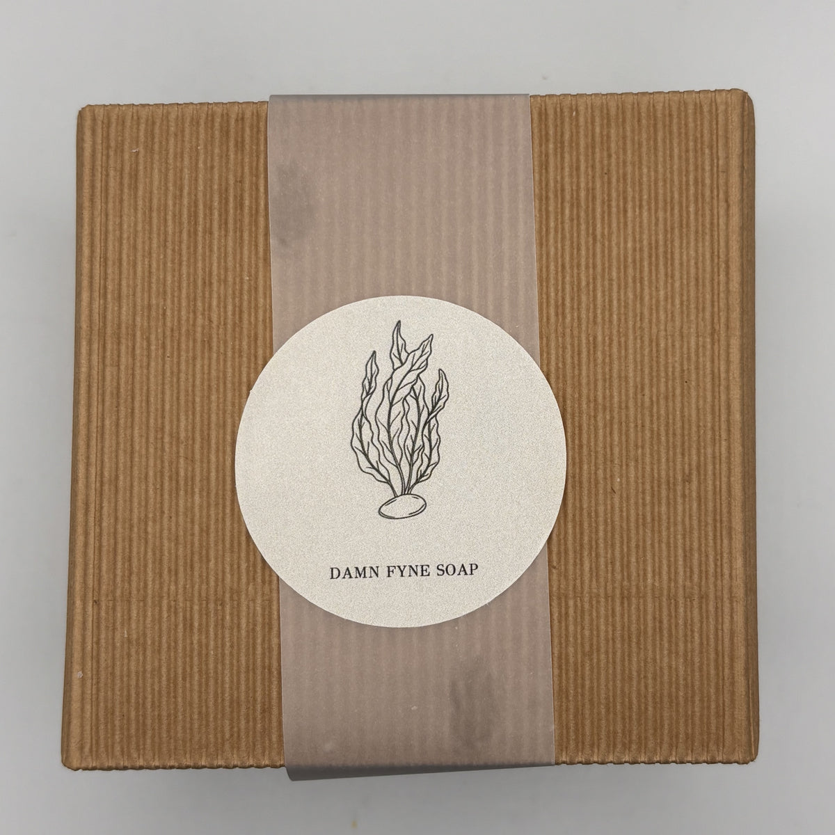 Six handmade soap gift box from Damn Fyne Soap, wrapped in vellum with seaweed logo