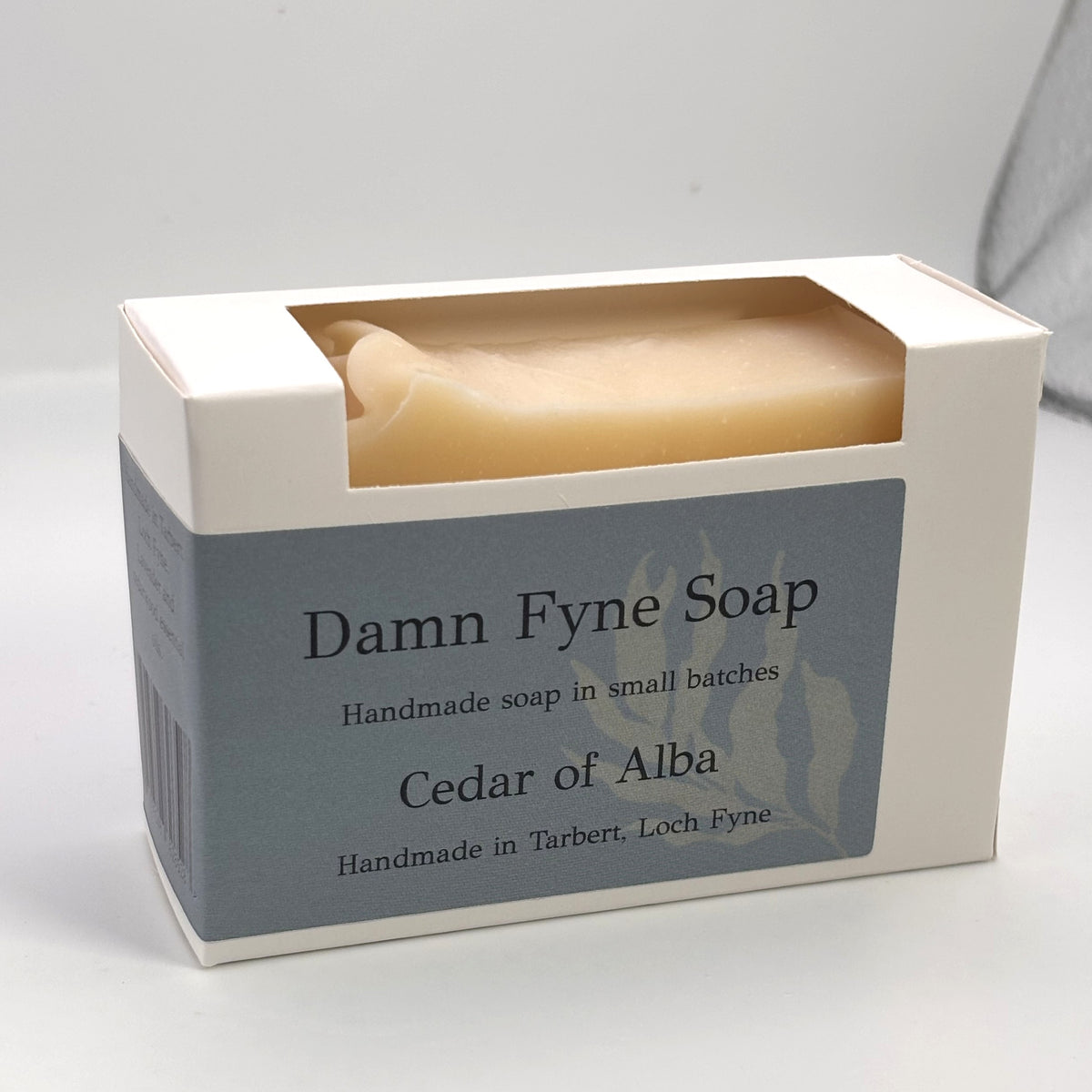 Cedar of Alba handmade soap in its paper box, made in small batches in Tarbert, Argyll.