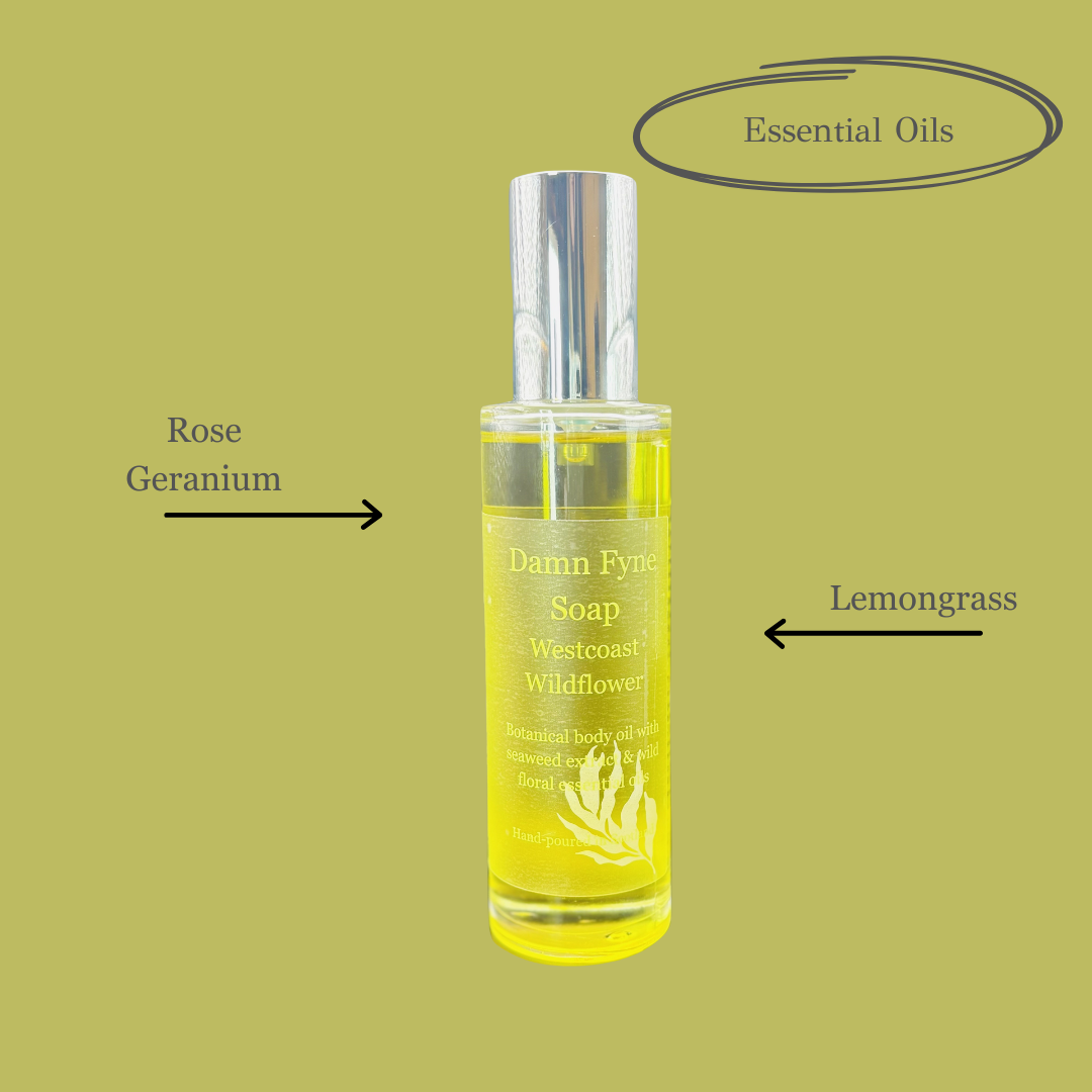 Westcoast Wildflower botanical body oil in a sleek glass bottle, glowing with bright yellow tones. The label’s delicate coral text contrasts gently against the oil, hinting at its fresh floral scent and nourishing blend of Scottish plant oils and essential oils. The silver cap adds a polished finish to the artisanal packaging.