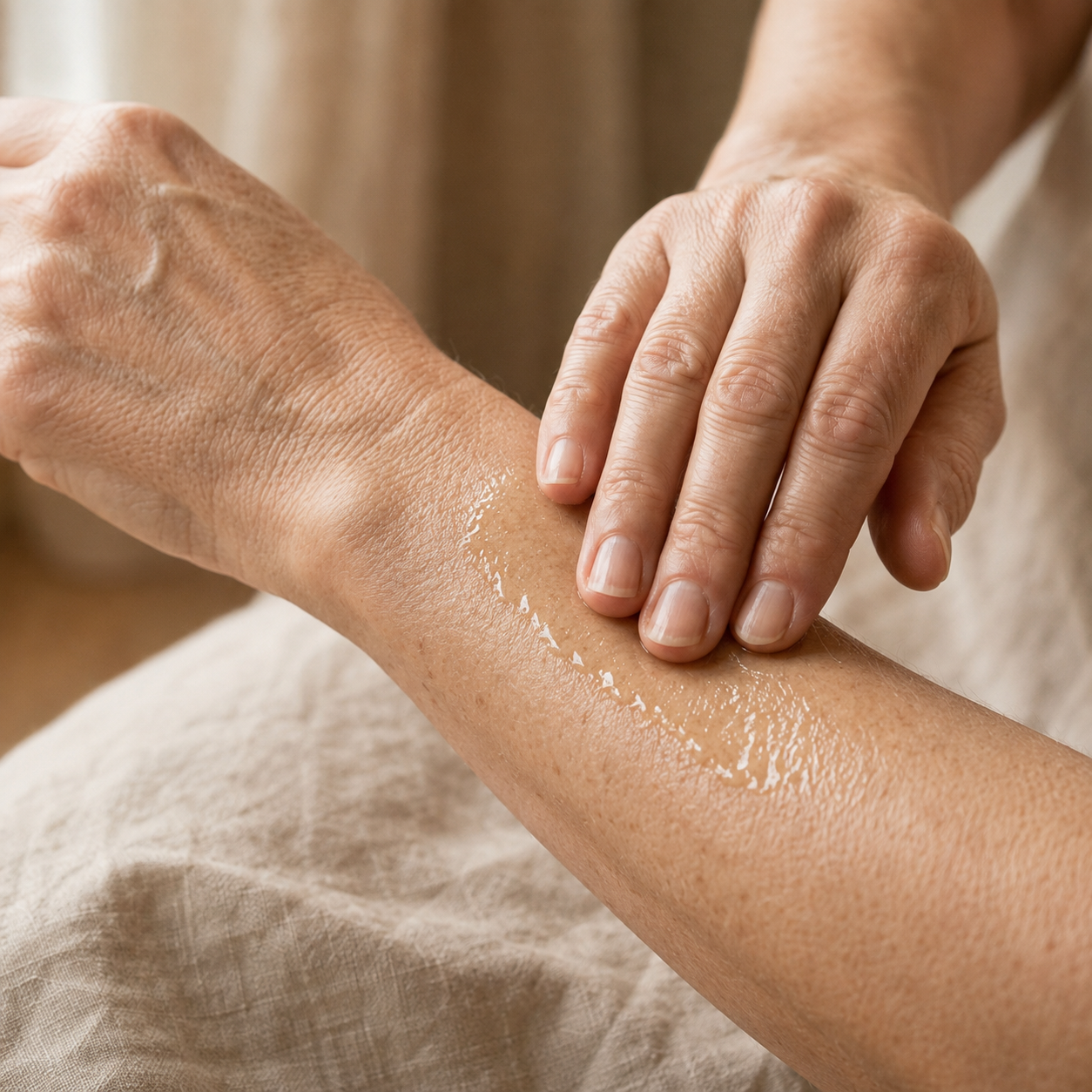 Close-up of a person massaging a white cream or lotion onto their forearm, with their other hand resting nearby. The scene is softly lit with a neutral beige background.