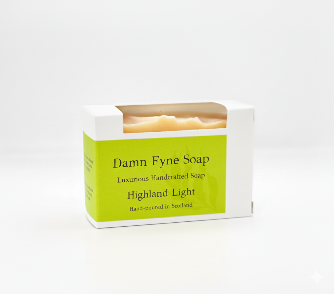 Highland Light handmade soap bar in biodegradable kraft packaging with a golden yellow label. Label reads “Damn Fyne Soap – Luxurious Handcrafted Soap – Highland Light – Hand-poured in Scotland.” Pale-toned soap visible above the box, photographed on a neutral 