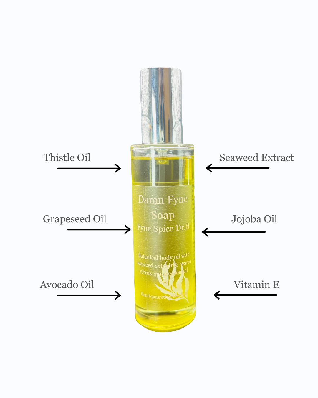 A hand-poured bottle of Fyne Spice Drift botanical body oil, featuring a transparent label with bold pink text. The golden oil glows through the glass, evoking warmth and spice. The label highlights its essential oil blend and seaweed extract, while the silver cap adds a sleek, modern touch.