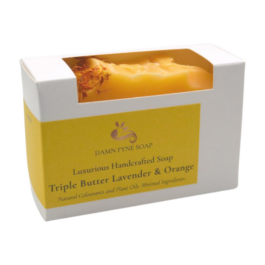 Handmade Lavender & Orange Soap bar by Damn Fyne Soap for mature skin. triple butter soap. 