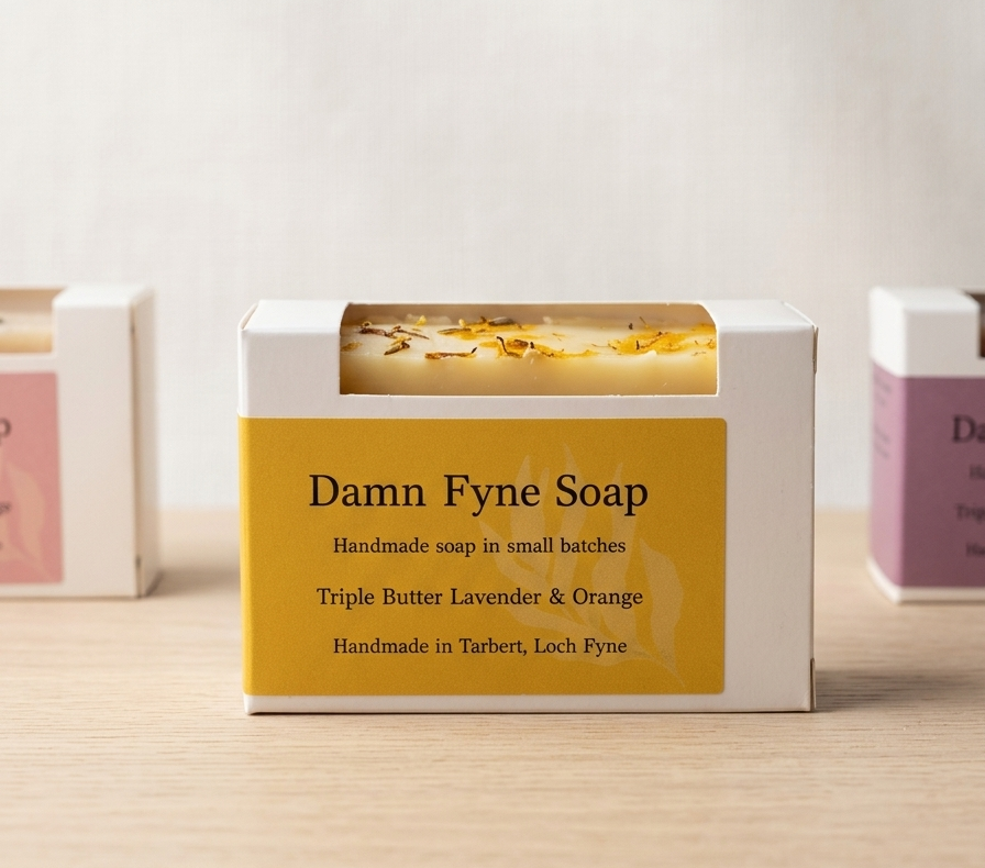 Triple Butter Lavender & Orange handmade soap in recyclable box, handcrafted in Tarbert, Argyll, Scotland.