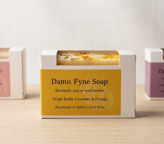 Triple Butter Lavender & Orange handmade soap in recyclable box, handcrafted in Tarbert, Argyll, Scotland.
