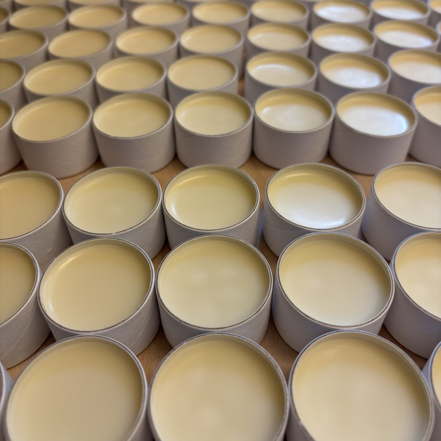 Multiple small round white pots filled with a pale creamy yellow product, arranged in rows on a light surface.
