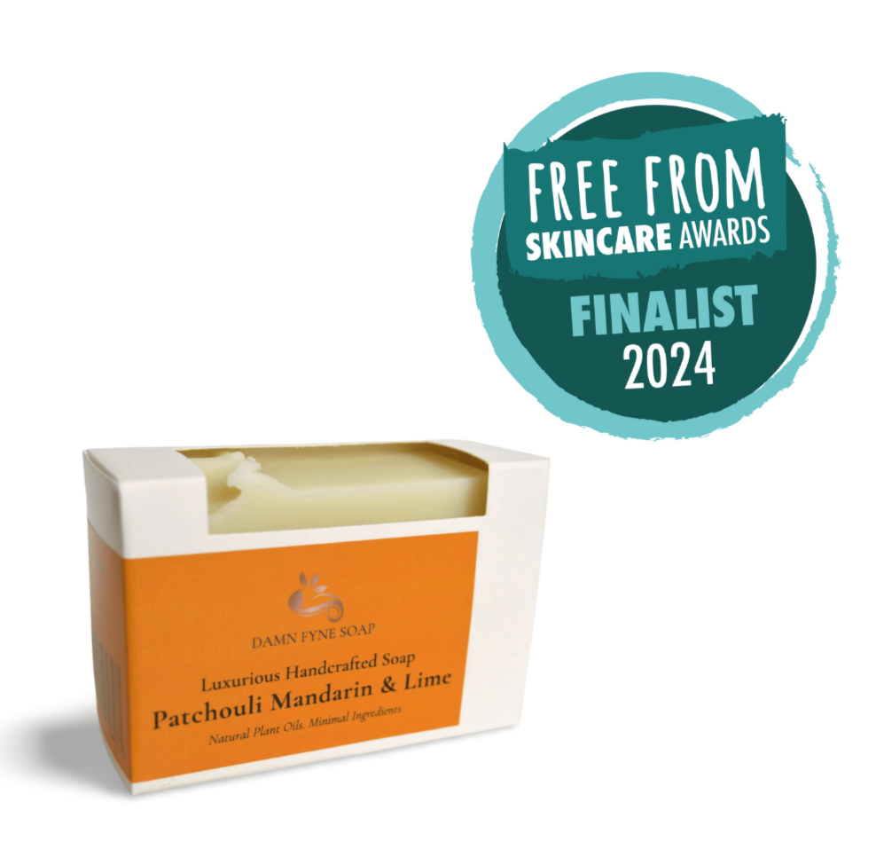 free from skin care awards. Handcrafted Patchouli, Mandarin, and Lime soap bar by Damn Fyne Soap