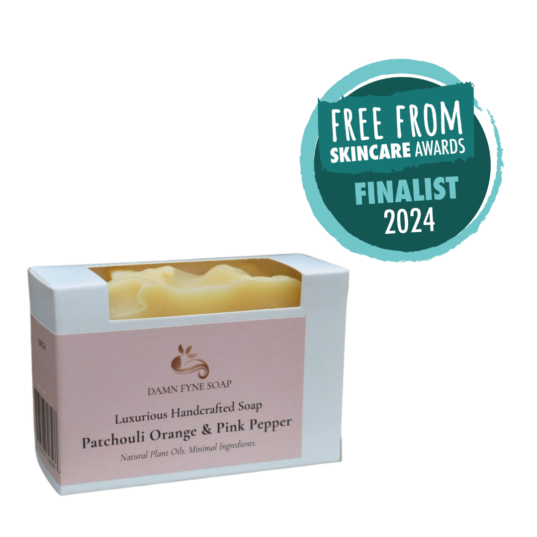 award winning soap. palm free soap. soap for mature skin. Luxurious Patchouli, Orange, and Pink Pepper soap bar from Damn Fyne Soap