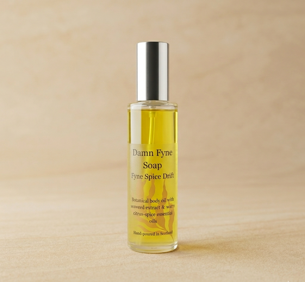 Fyne Spice Drift Body Oil bottle with warm citrus-spice essential oils and seaweed extract. Luxury body oil in a glass bottle.