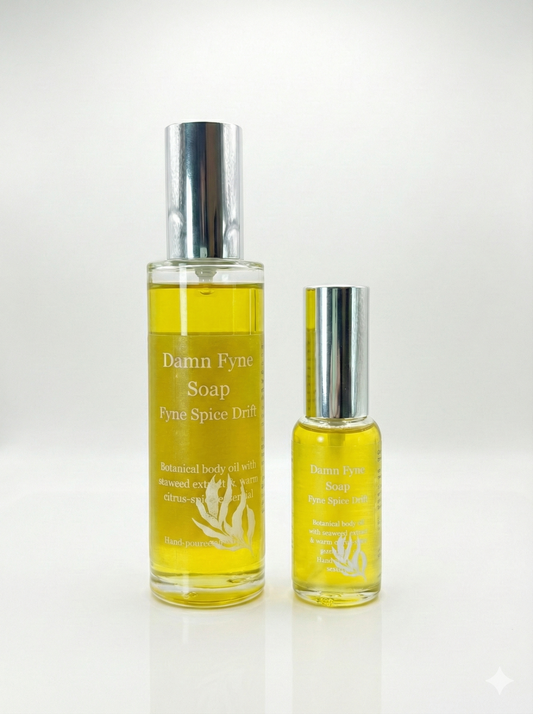 Scottish botanical body oil with patchouli, orange and pink pepper