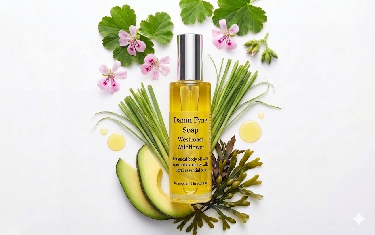 luxury body oil with essential oils of rose geranium and lemongrass. with seaweed extract and avocado oil.