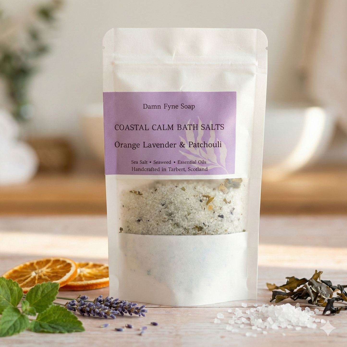 bath salts with orange, lavender and patchouli essential oils.