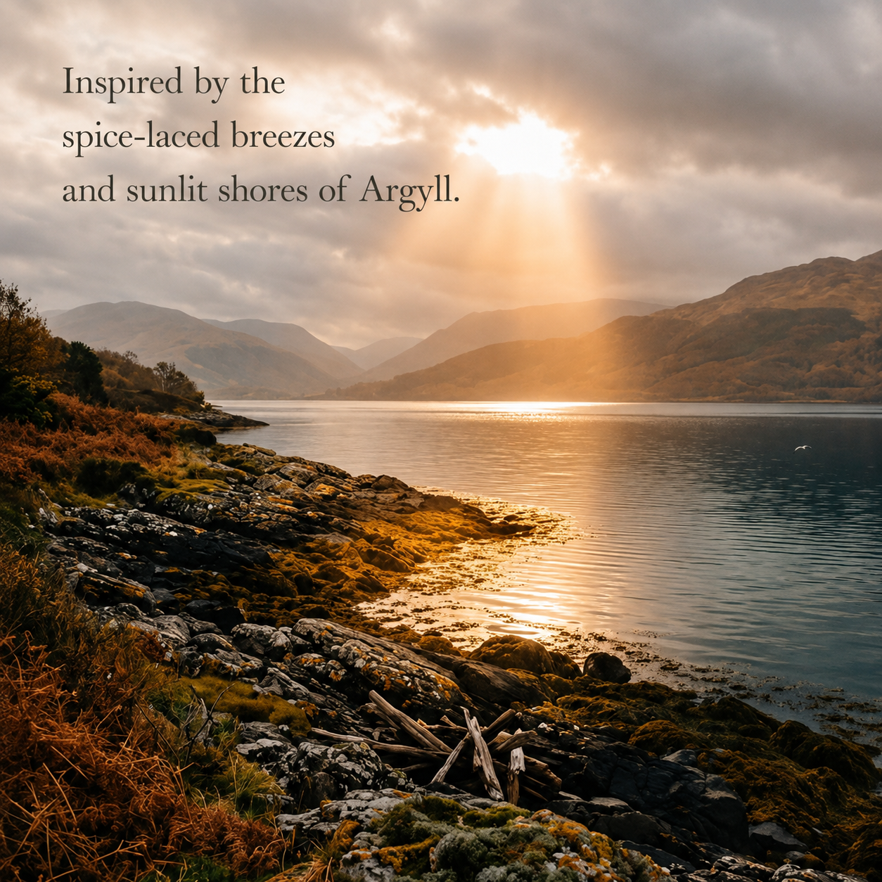 A scenic landscape photograph of a rocky shoreline leading to a calm loch, with mountains in the background and the sun breaking through clouds, casting golden light across the water and sky. Argyll Scotland