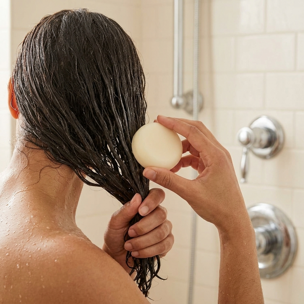 image showing a lady using damn fyne soap conditioner bar in the shower