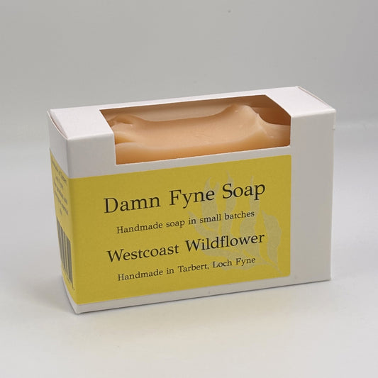 Westcoast Wildflower handmade soap in its recyclable cardboard box, made in Tarbert, Argyll.
