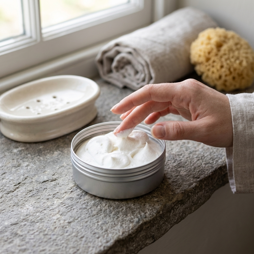 an open tin showing the texture of damn fyne soaps whipped hand and body butter