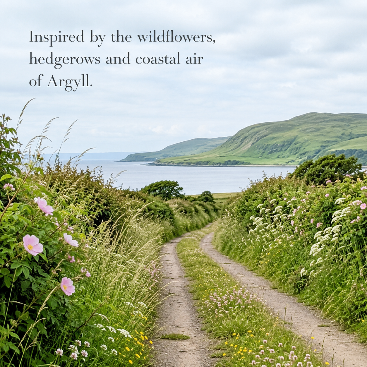 A narrow dirt path winding through a lush green field of wildflowers, with a body of water and distant hills in the background. Argyll, Scotland