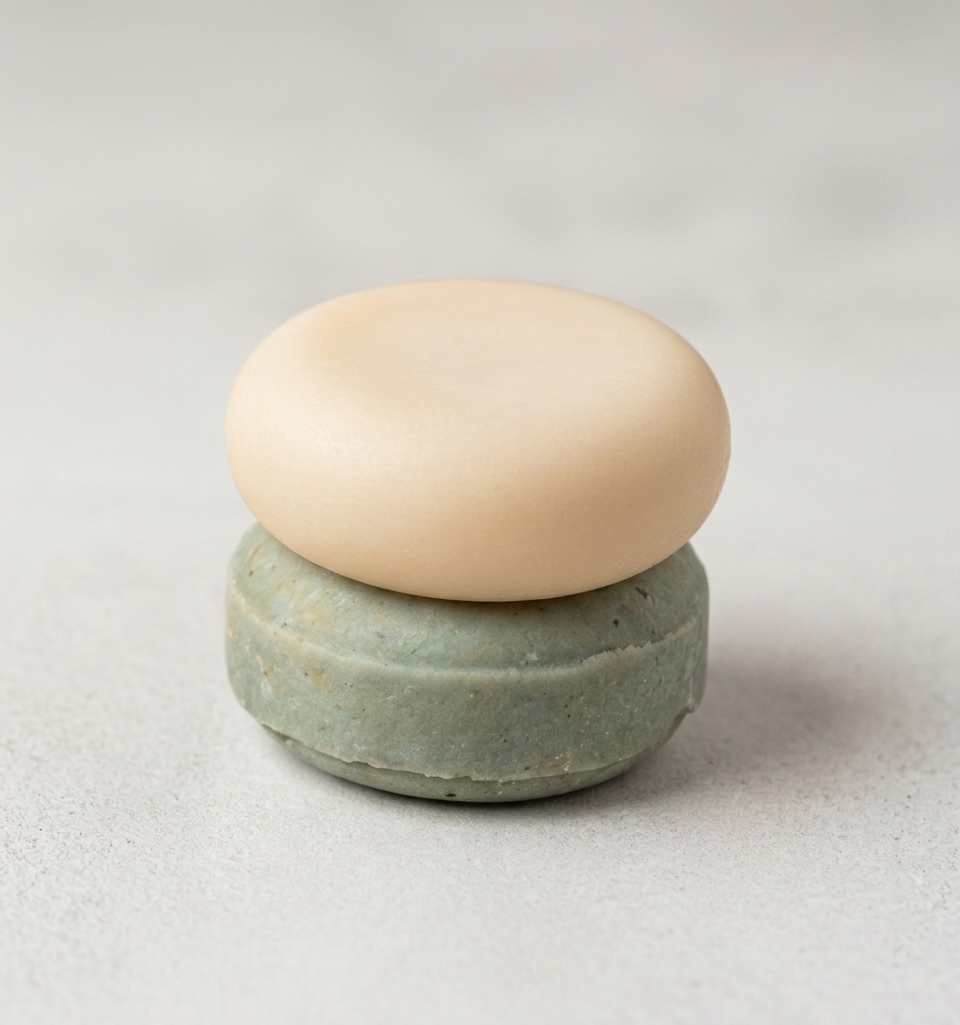 stacked shampoo and conditioner bar with a white background. cream conditioner bar and blue shampoo bar.